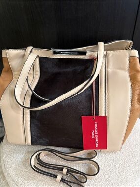 Charles Jourdan Bailey II Multicolor Leather & Haircalf Tote - Cream, Brown, Tan